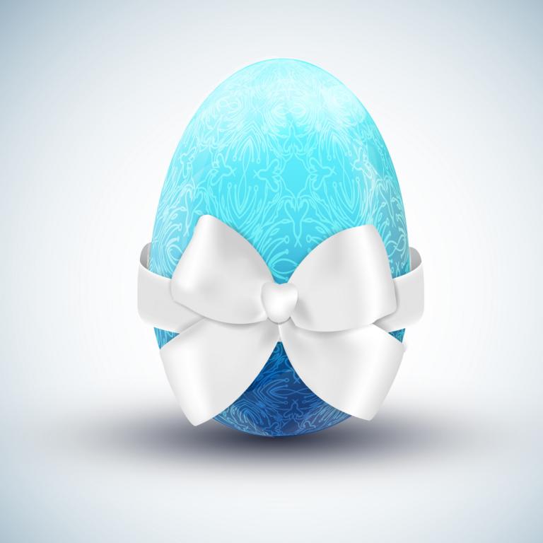 Blue patterned happy easter egg with white silken bow realistic vector illustration